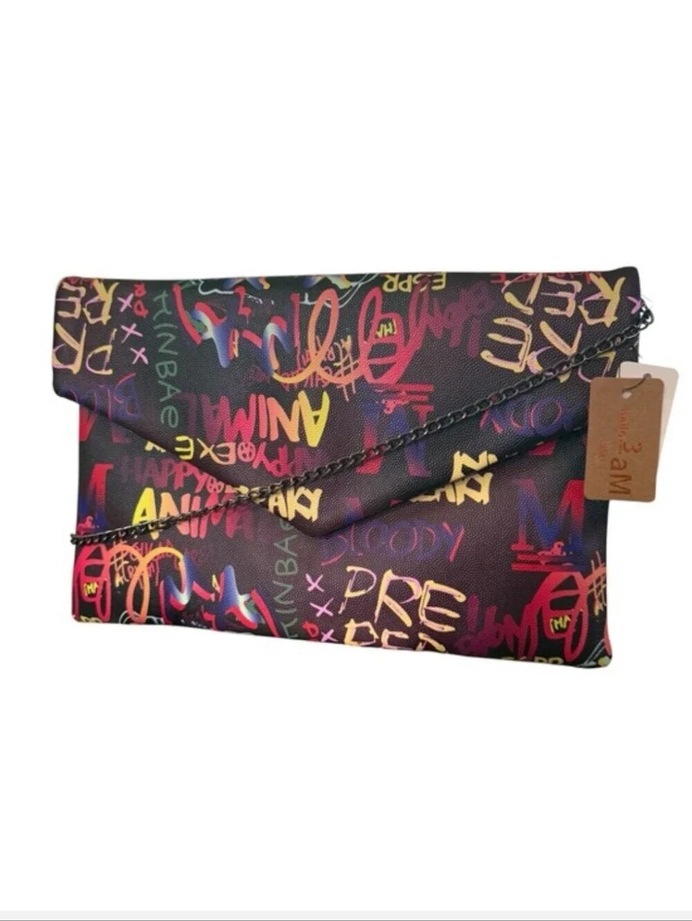 Graffiti Print Envelope Clutch w/ Gunmetal Chain Crossbody Strap, NWT